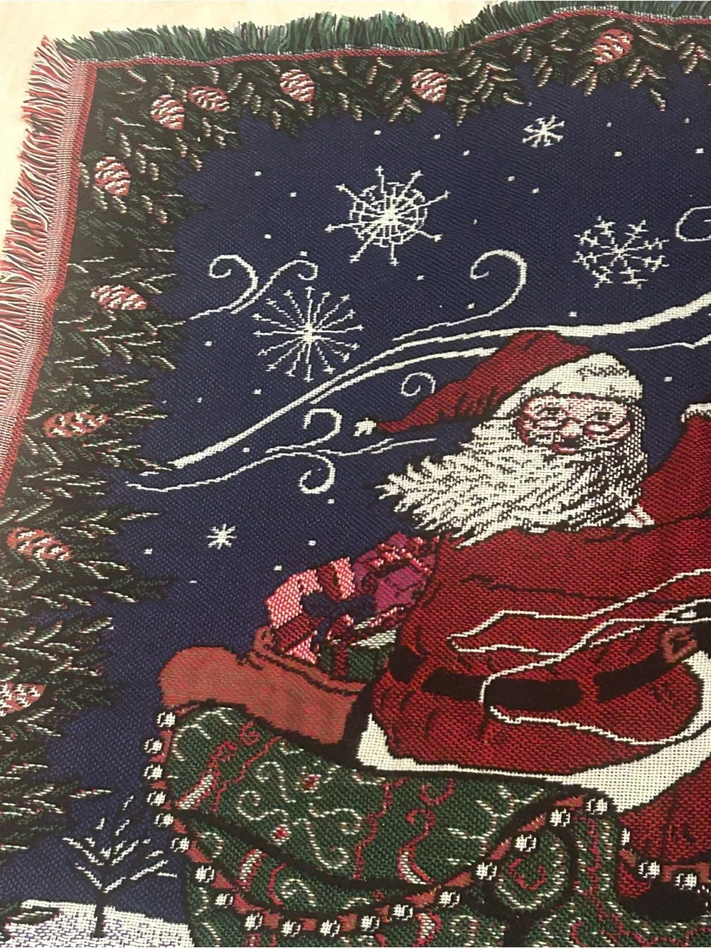 Tapestry Santa Sleigh Holiday Throw Blanket - Navy and Red
